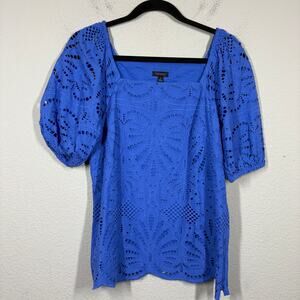 Talbots 2 Eyelet Square Neck Top Blue 100% Cotton Scalloped Hem Puff Sleeves